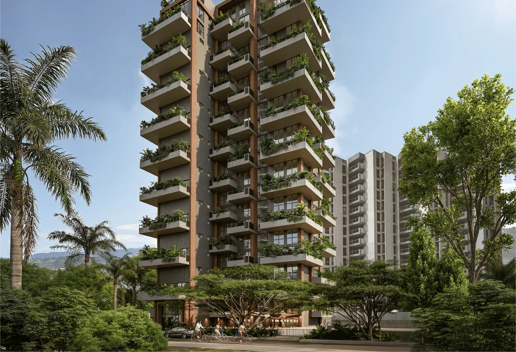 Render del edificio Morph Pance rodeado de naturaleza.