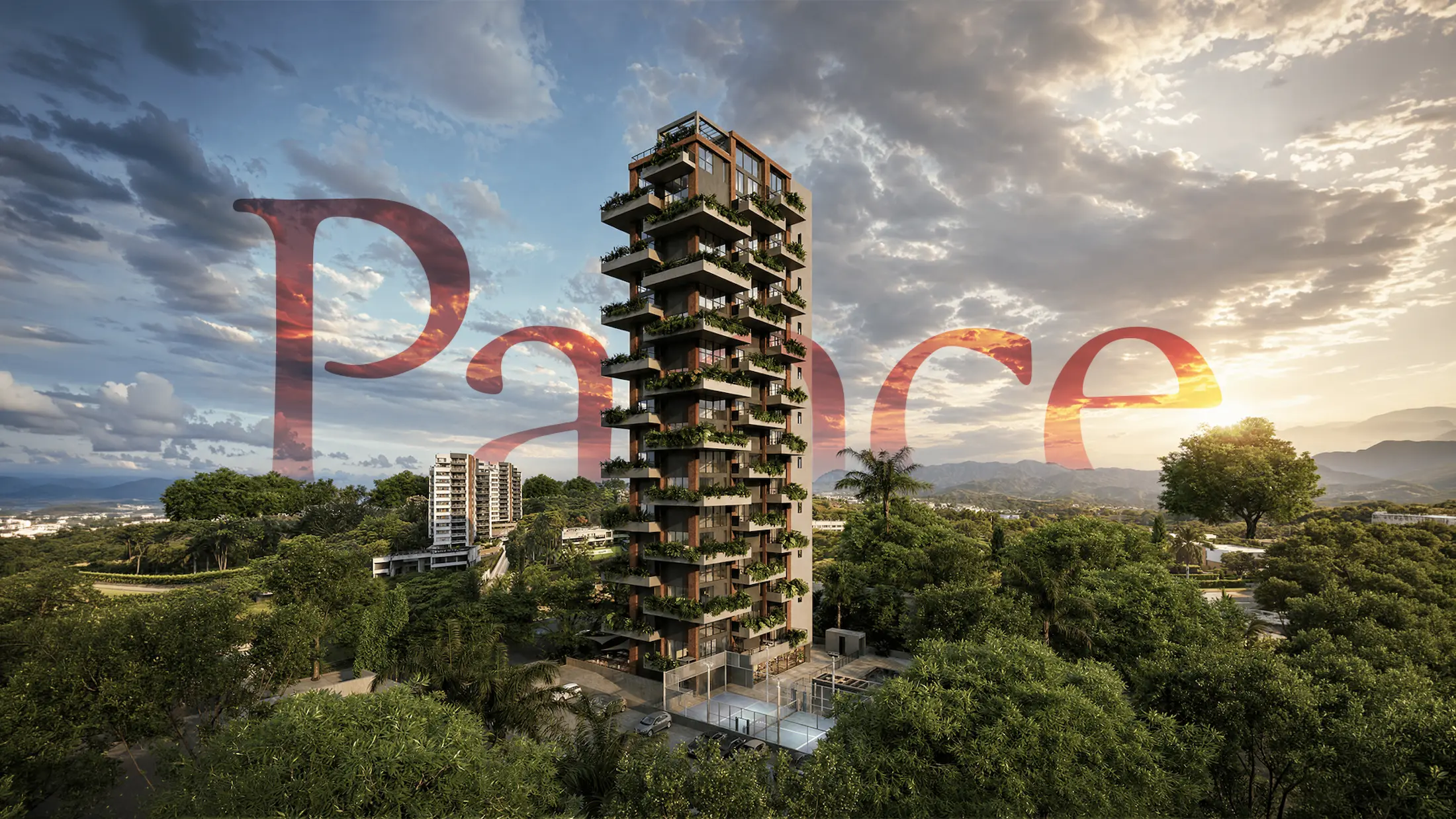 Render del edificio Morph Pance entre la naturaleza de Pance, Cali, al atardecer.