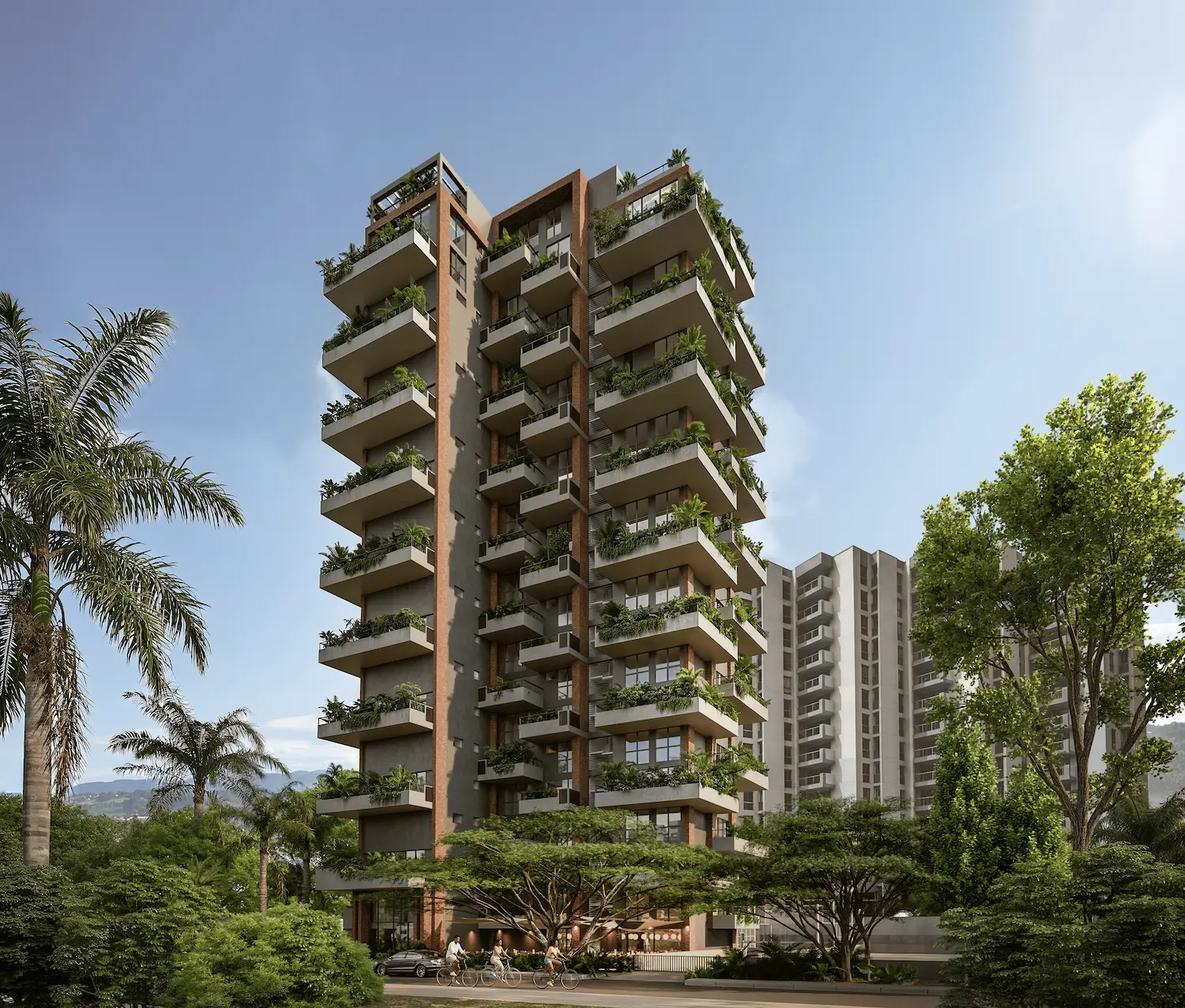 Render exterior del edificio Morph Pance rodeado de vegetacion.