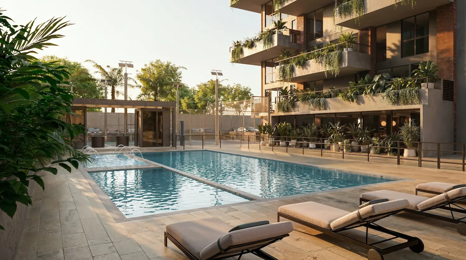 Piscina como amenidad de agua y movimiento en Morph Pance.