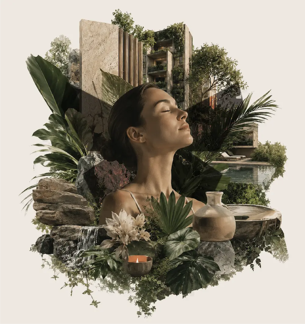 Collage de bienestar Morph Wellness con naturaleza, arquitectura y rituales de calma.